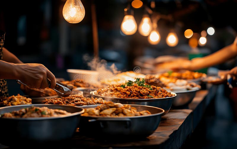Mâncare delicioasă pe stradă pe piața nopții cu lumină caldă și feluri diverse de mâncare royalty free stock photo