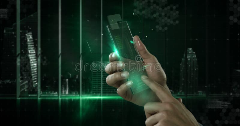 Mână care deține un telefon mobil futurist împotriva fundalului generat digital stock illustration