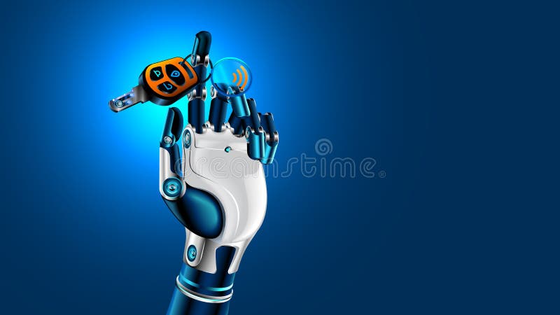 Mână robot cu cheie mașină. simbolul autovehiculului autonom. concept viitor royalty free illustration