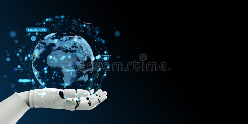 Mână robot futurist care afișează un glob digital cu blockchain și conexiuni de rețea financiară pe un fundal virtual întunecat. vector illustration