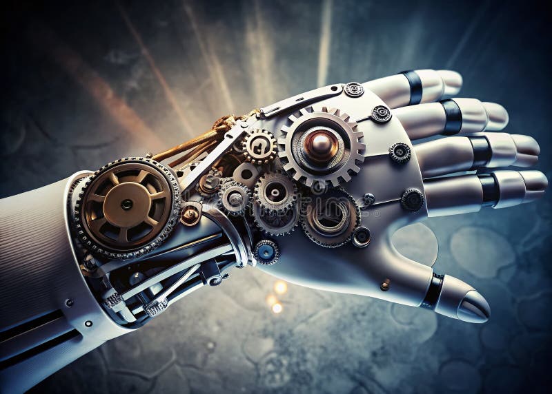 Mână robotică avansată cu angrenaje complexe și conceptul de tehnologie futuristă de bandă albă pentru fabricarea roboticii royalty free illustration
