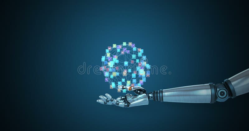 Mână robotică care prezintă pictograme generate digital stock illustration