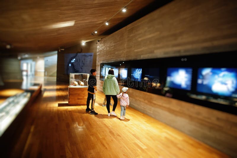 Mãe com crianças explorando exposições em salas de museus fotografia de stock