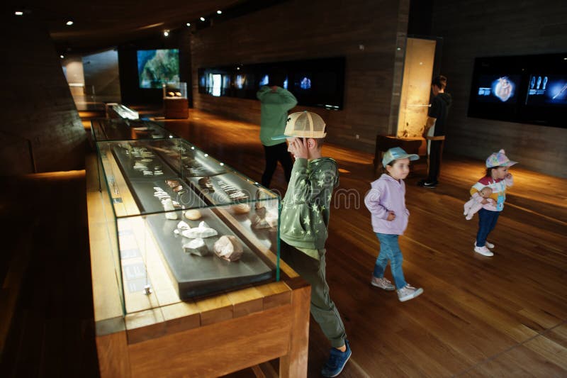 Mãe com filhos a explorar exposições em salas de museu fotos de stock