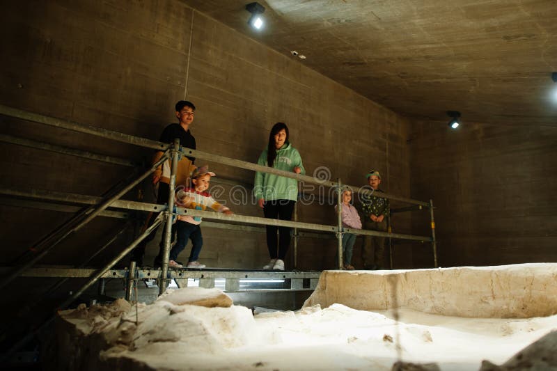 Mãe com filhos a explorar exposições em salas de museu fotografia de stock royalty free
