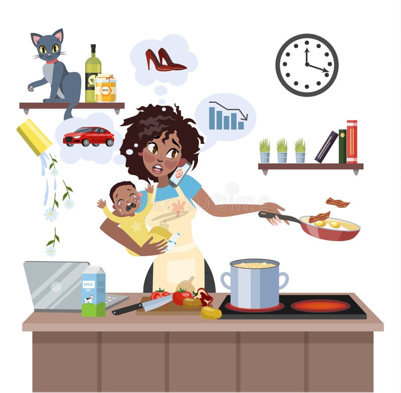 Busy multitasking african american mother with baby failed at doing many thing at once. Tired woman in stress with messy around. Housewife lifestyle. Isolated flat vector illustration. Busy multitasking african american mother with baby failed at doing many thing at once. Tired woman in stress with messy around. Housewife lifestyle. Isolated flat vector illustration