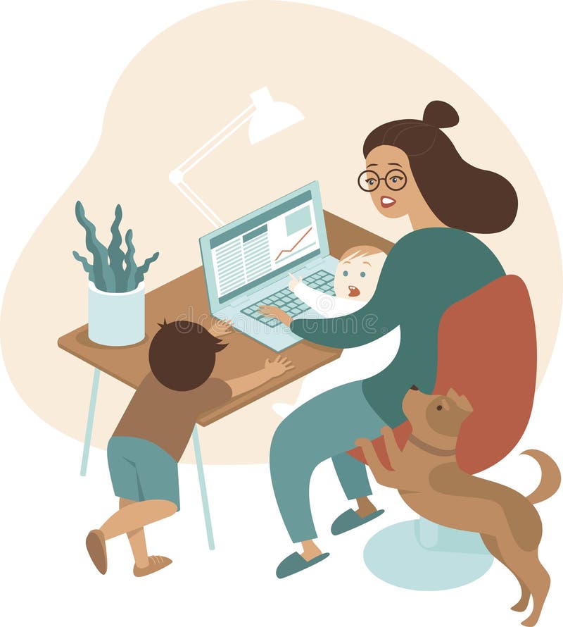 Busy mother working from home with kids and dog. Stay-at-Home Mom. Flat vector illustration. Busy mother working from home with kids and dog. Stay-at-Home Mom. Flat vector illustration