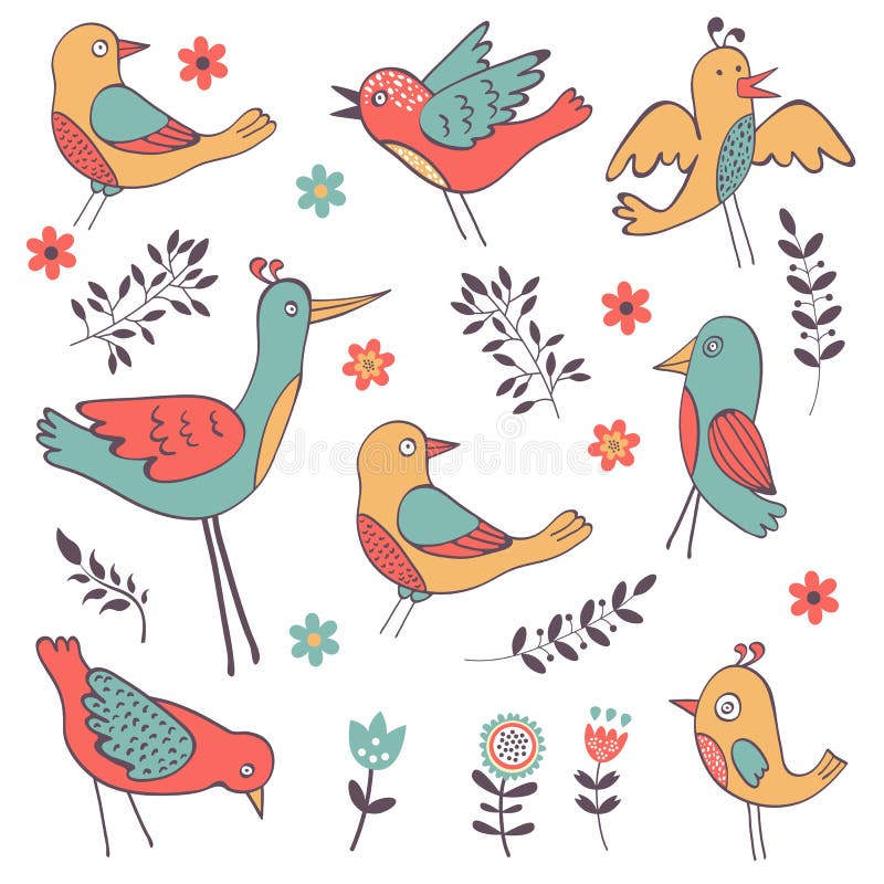 Mão bonito coleção colorida tirada dos pássaros ilustração royalty free Mão bonito coleção colorida tirada dos pássaros ilustração royalty free