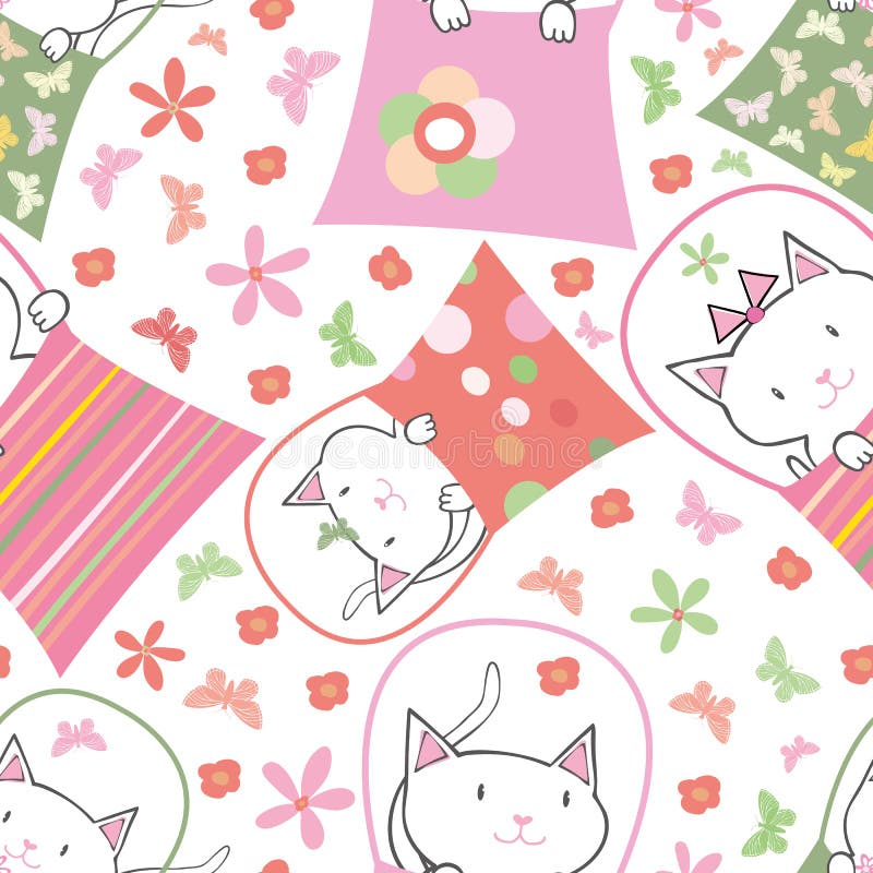 Mão bonito gatos tirados em umas bolsas no projeto multicolorido do divertimento com flores e borboletas Teste padrão sem emenda ilustração do vetor Mão bonito gatos tirados em umas bolsas no projeto multicolorido do divertimento com flores e borboletas Teste padrão sem emenda ilustração do vetor