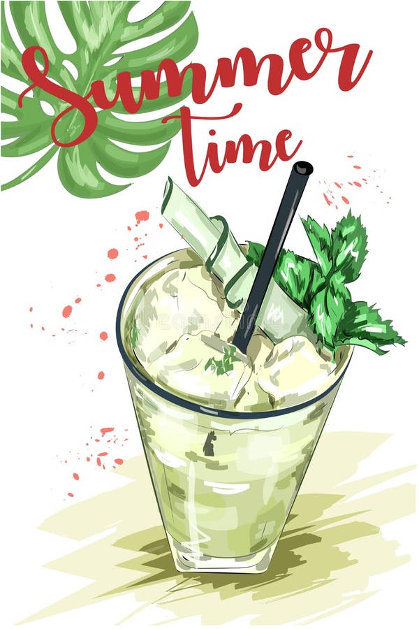 Mão bonito grupo tirado com vidro do cocktail do mojito e da folha verde Adultos novos esboço ilustração stock Mão bonito grupo tirado com vidro do cocktail do mojito e da folha verde Adultos novos esboço ilustração stock