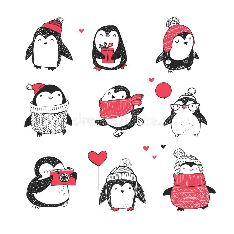 Mão bonito os pinguins tirados ajustaram - cumprimentos do Feliz Natal ilustração stock Mão bonito os pinguins tirados ajustaram - cumprimentos do Feliz Natal ilustração stock