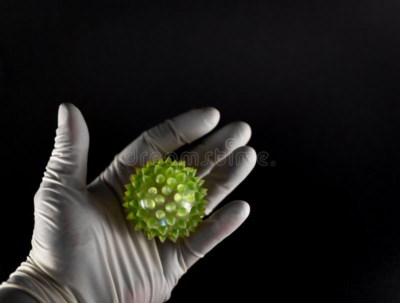 Medical hand in latex holding a large green virus shape in the palm with copyspace room. Medical hand in latex holding a large green virus shape in the palm with copyspace room