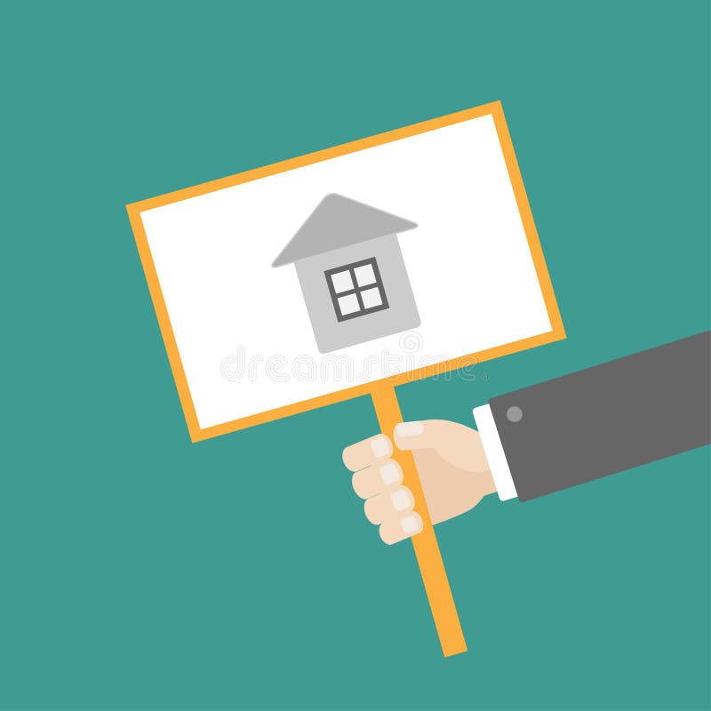 Mão do homem de negócios que guarda a placa de sinal vazia de papel com a casa no projeto liso da vara ilustração do vetor Mão do homem de negócios que guarda a placa de sinal vazia de papel com a casa no projeto liso da vara ilustração do vetor