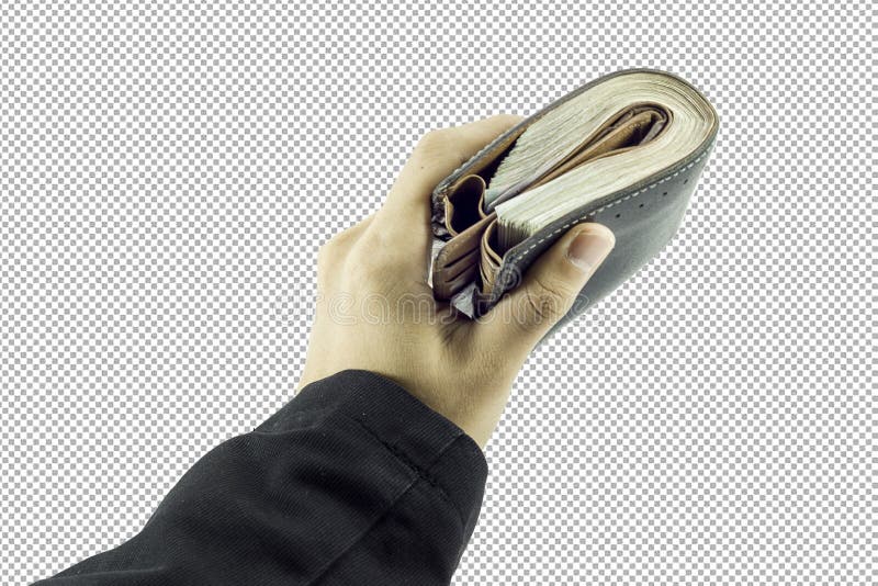 Mão do homem de negócios que mantém o dinheiro e o homem que mantêm uma carteira isolada no fundo branco fotos de stock Mão do homem de negócios que mantém o dinheiro e o homem que mantêm uma carteira isolada no fundo branco fotos de stock