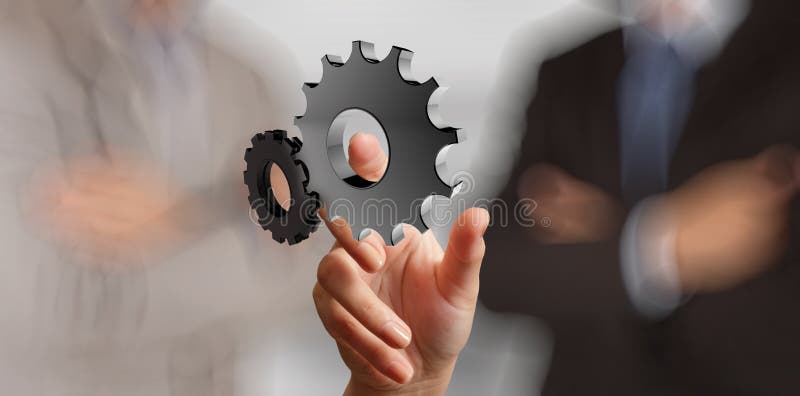 Businessman hand showing 3d gear to success concept. Businessman hand showing 3d gear to success concept