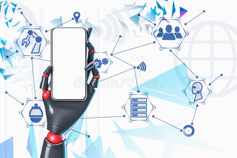 Mão do robô com telefone, relação do Internet ilustração stock Mão do robô com telefone, relação do Internet ilustração stock