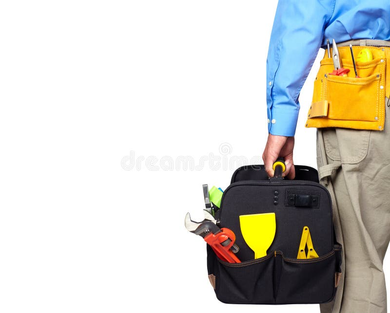 Mão do trabalhador manual com uma maleta de ferramentas