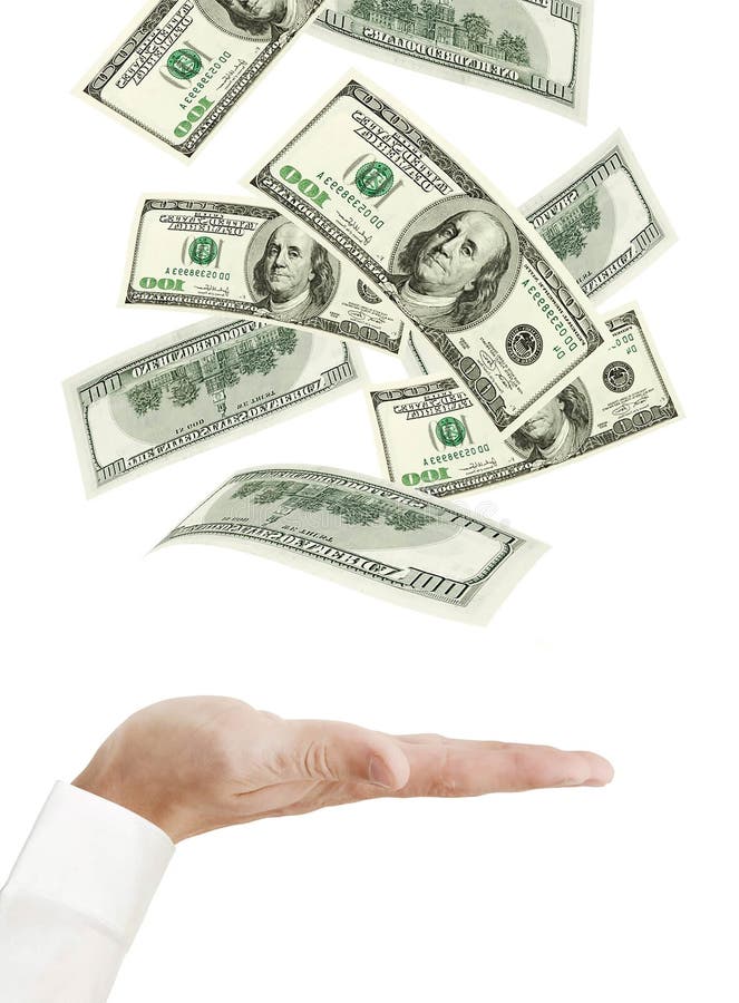 Mão e dinheiro de queda isolados no branco imagens de stock Mão e dinheiro de queda isolados no branco imagens de stock