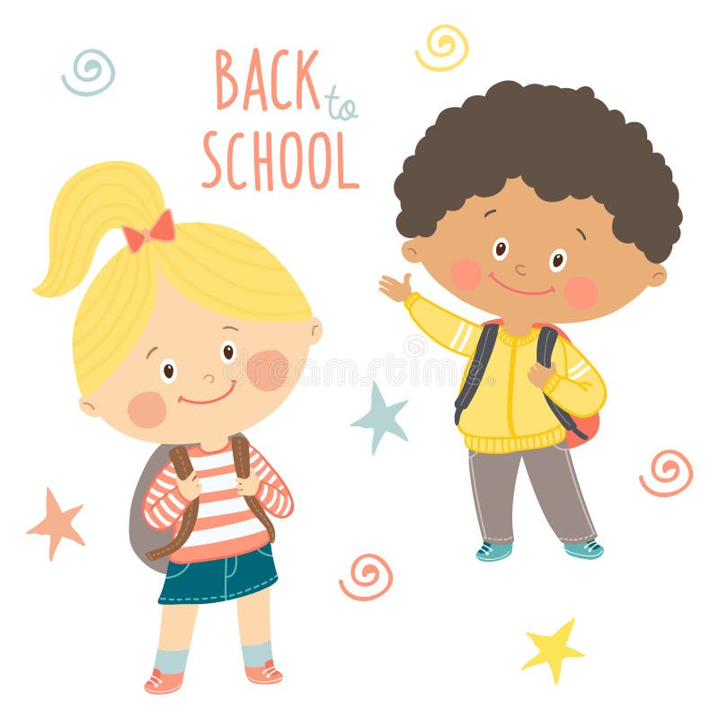 Mão engraçada crianças tiradas com trouxas Menino bonito e menina com schoolbags De volta ao projeto de cartão da escola Vetor ep ilustração stock Mão engraçada crianças tiradas com trouxas Menino bonito e menina com schoolbags De volta ao projeto de cartão da escola Vetor ep ilustração stock