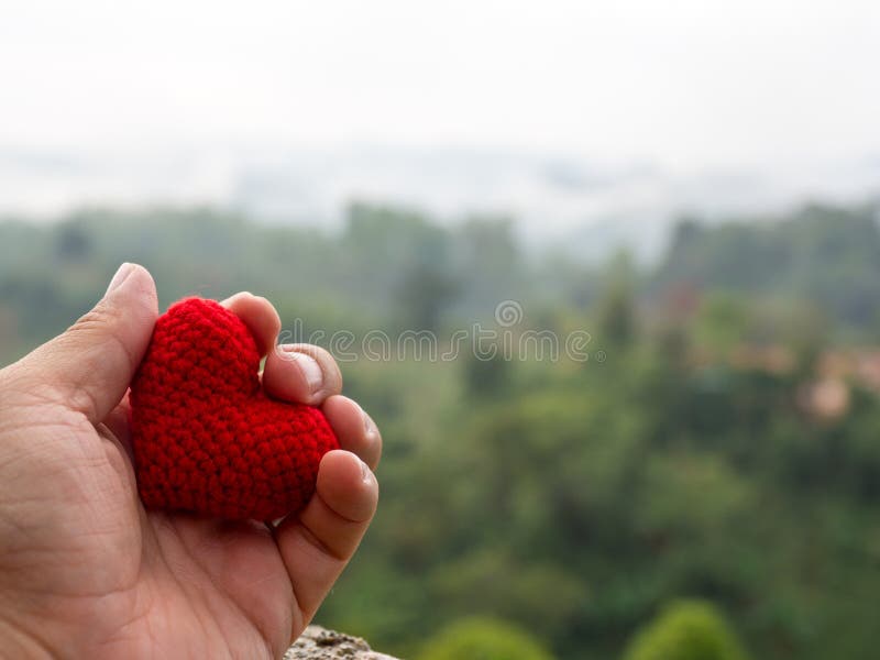 A mão guarda o coração que vermelho o fundo é árvores do verde floresta e as montanhas enevoadas ajardinam Copie o espaço para o fotografia de stock A mão guarda o coração que vermelho o fundo é árvores do verde floresta e as montanhas enevoadas ajardinam Copie o espaço para o fotografia de stock