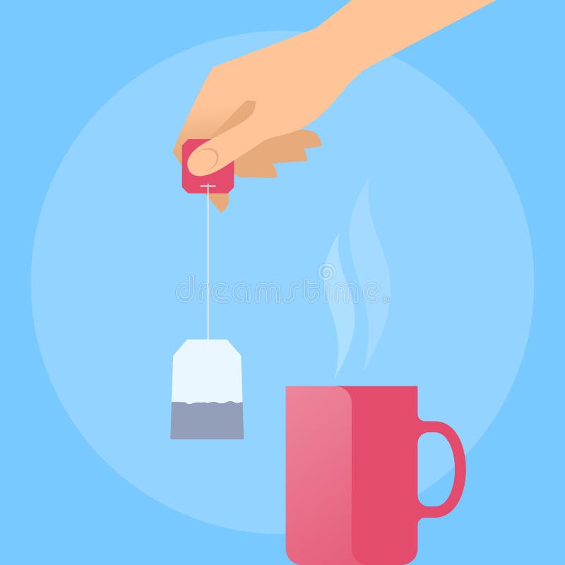 Mão humana com saquinho de chá e a caneca vermelha quente