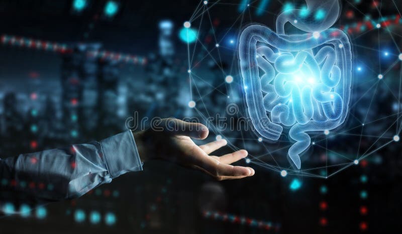 Man hand on dark background using digital x-ray of human intestine holographic scan projection 3D rendering. Man hand on dark background using digital x-ray of human intestine holographic scan projection 3D rendering