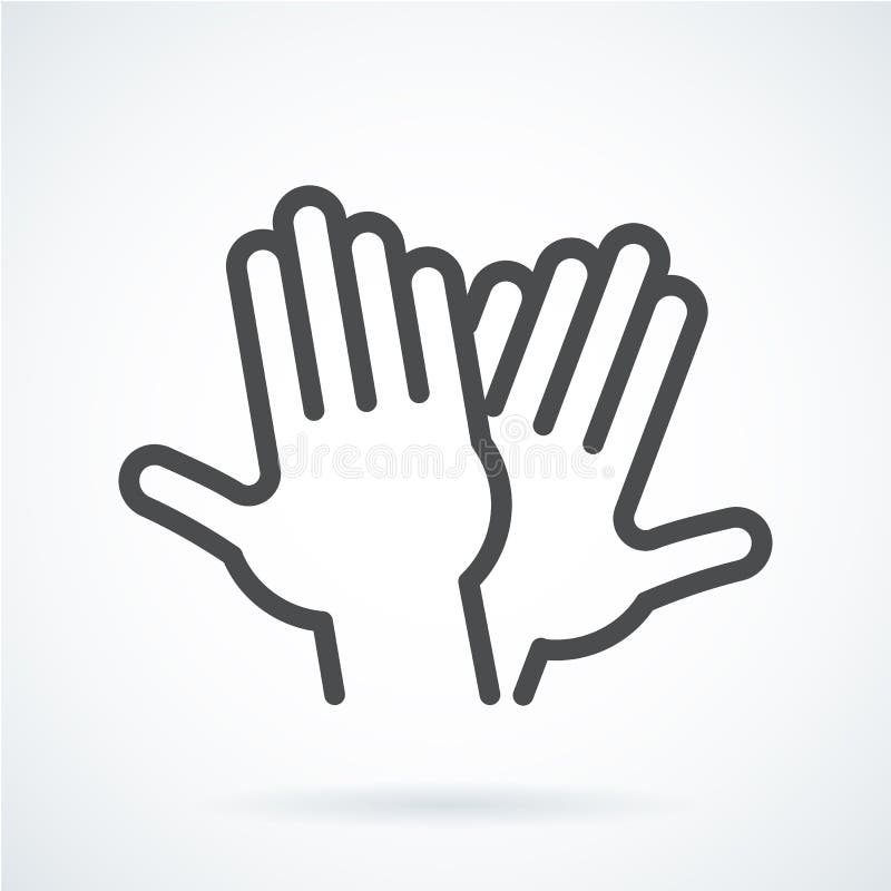 Black flat simple icon style line art. Outline symbol with stylized image of a gesture hand of a human high five, greeting. Stroke vector logo mono linear pictogram web graphics. On a gray background. Black flat simple icon style line art. Outline symbol with stylized image of a gesture hand of a human high five, greeting. Stroke vector logo mono linear pictogram web graphics. On a gray background.