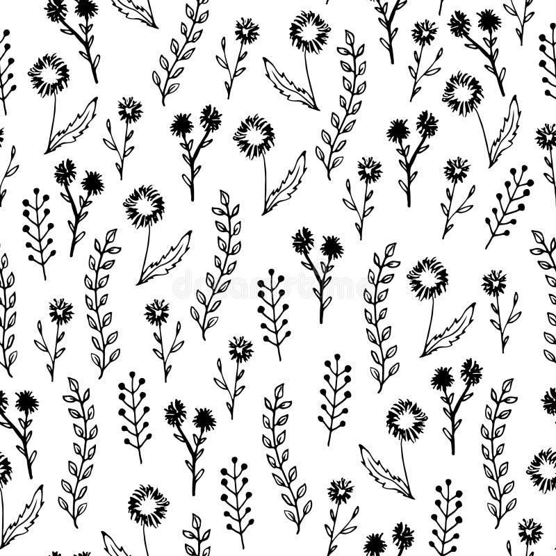 Mão monocromática teste padrão sem emenda floral tirado, vetor ilustração do vetor Mão monocromática teste padrão sem emenda floral tirado, vetor ilustração do vetor