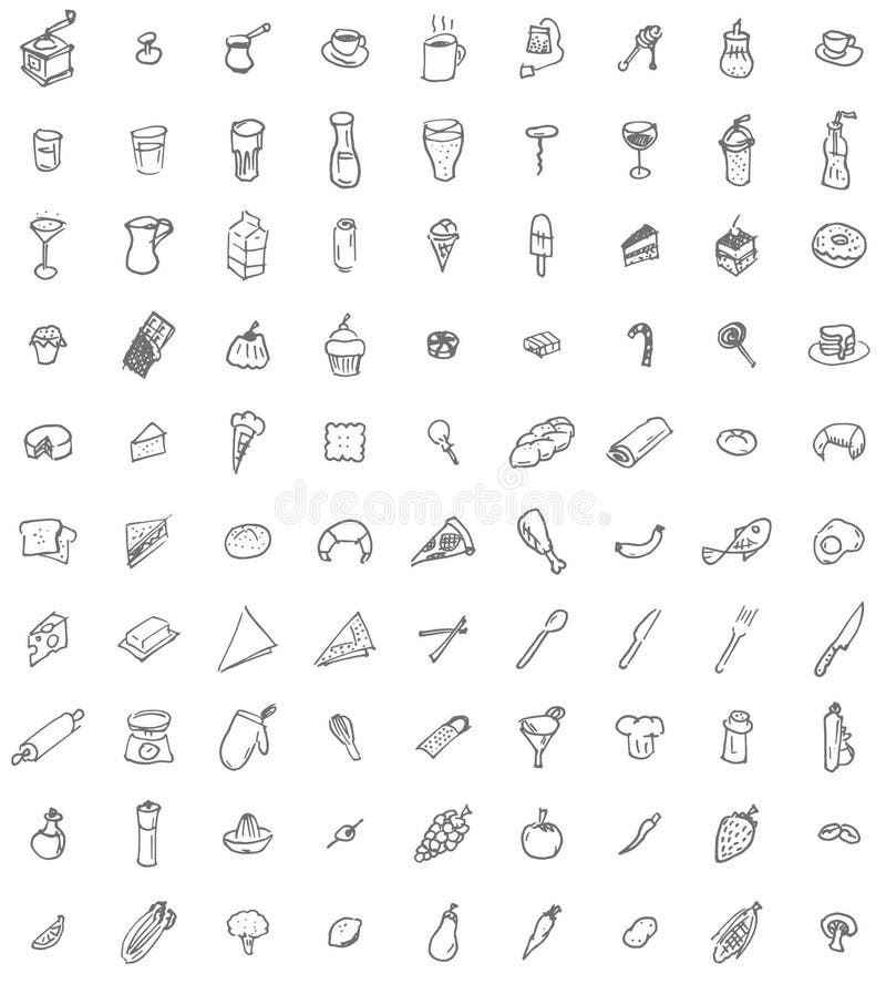 Mão noventa ícones tirados do alimento e do kitchenware ilustração do vetor Mão noventa ícones tirados do alimento e do kitchenware ilustração do vetor