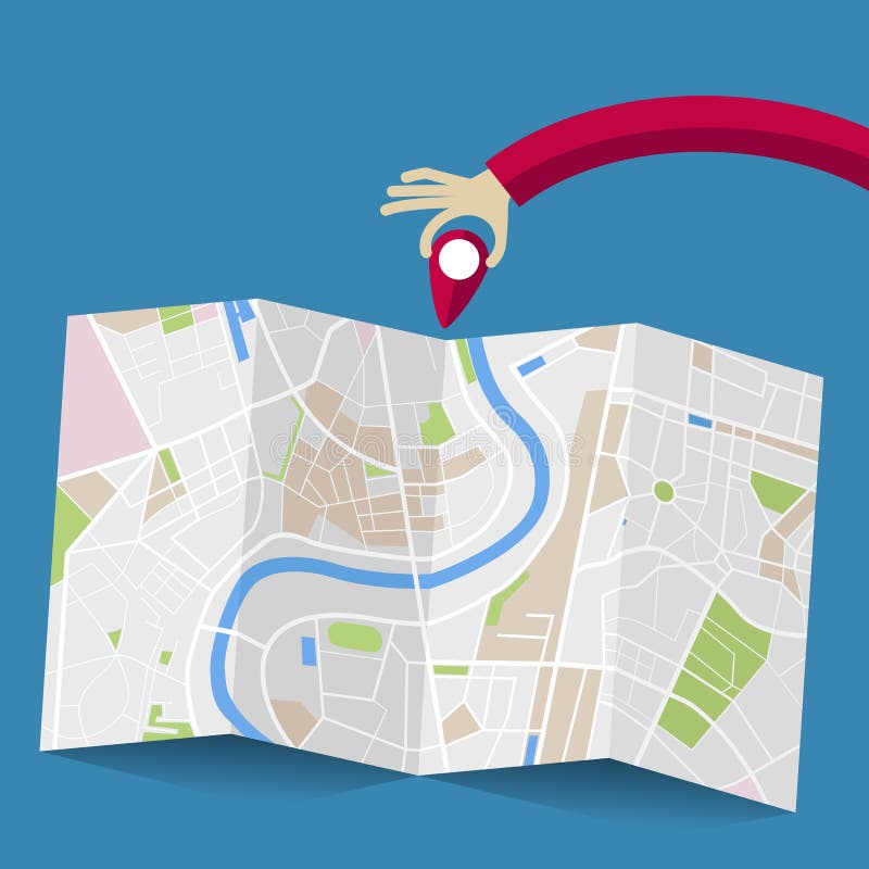 Mão que coloca um pino em um mapa ilustração stock Mão que coloca um pino em um mapa ilustração stock