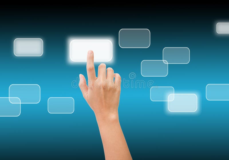 Hand pushing button on touch screen interface. Choice concept. Hand pushing button on touch screen interface. Choice concept
