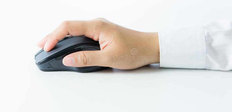 Mão que mantém o rato sem fio do computador isolado fotografia de stock royalty free Mão que mantém o rato sem fio do computador isolado fotografia de stock royalty free
