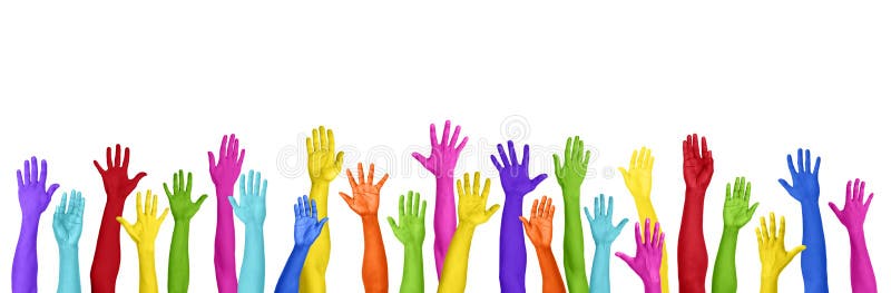 Colorful Hands Raised On White Background. Colorful Hands Raised On White Background.