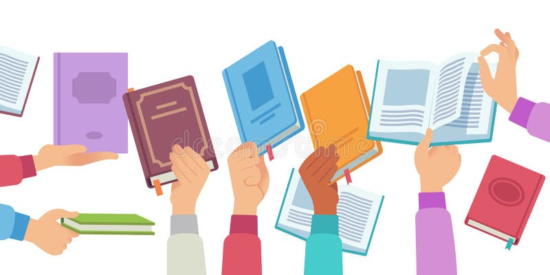 Mãos com livros Pessoas com livros e revistas de leitura, leitor de literatura da biblioteca pública Conhecimento acadêmico ilustração do vetor Mãos com livros Pessoas com livros e revistas de leitura, leitor de literatura da biblioteca pública Conhecimento acadêmico ilustração do vetor