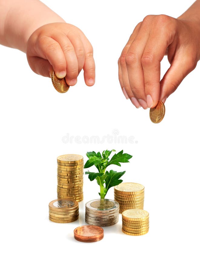 Baby's and mother's hands with coin isolated over white. Baby's and mother's hands with coin isolated over white.