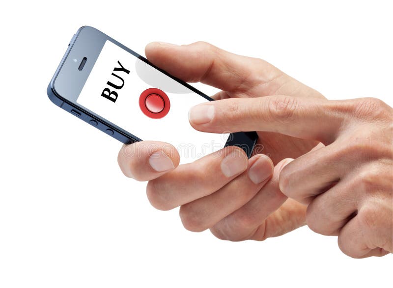 Hands using a smartphone about to push the buy button isolated on white. Hands using a smartphone about to push the buy button isolated on white