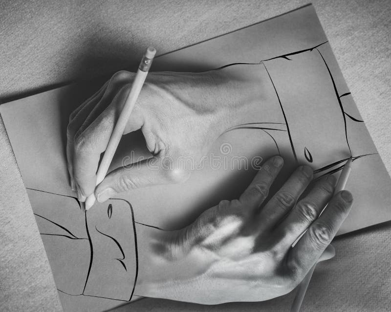 Drawing hands. Two hands draw each other with a pencil on a sheet. Photography and illustration. 3d effect. Drawing hands. Two hands draw each other with a pencil on a sheet. Photography and illustration. 3d effect.