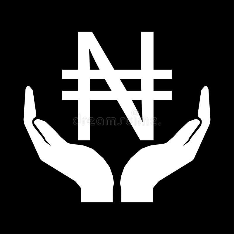Mãos e branco NIGERIANO do sinal do NAIRA da moeda do dinheiro no fundo preto ilustração do vetor Mãos e branco NIGERIANO do sinal do NAIRA da moeda do dinheiro no fundo preto ilustração do vetor