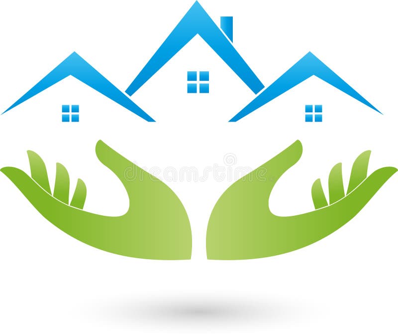 Mãos e casas, telhados, logotipo dos bens imobiliários ilustração royalty free Mãos e casas, telhados, logotipo dos bens imobiliários ilustração royalty free