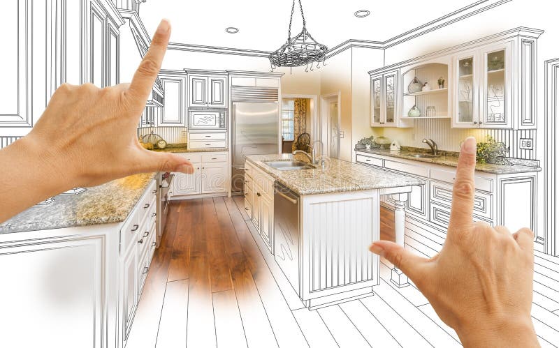 Mãos que quadro o desenho de projeto da cozinha e a foto feitos sob encomenda Combinatio fotografia de stock Mãos que quadro o desenho de projeto da cozinha e a foto feitos sob encomenda Combinatio fotografia de stock