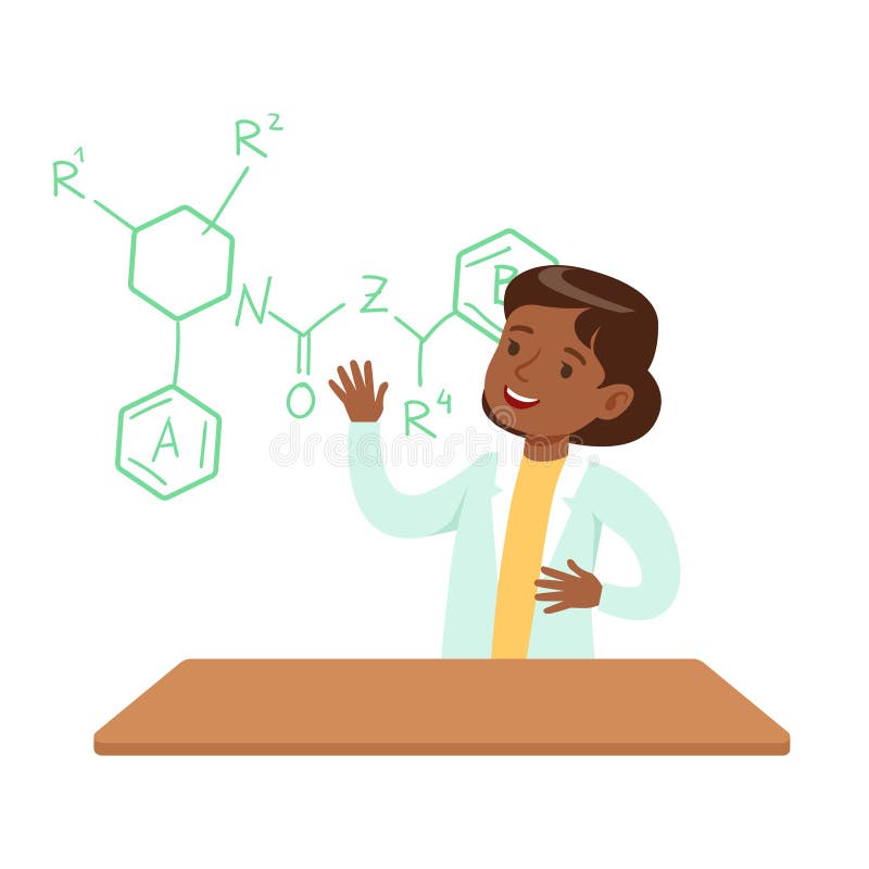 Mädchen-Chemiker-Explaining Skeletal Chemical-Formel, Kind, welches die Wissenschafts-Forschung träumt vom Werden Berufs tut