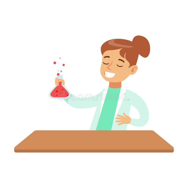 Mädchen-Chemiker Watching The Reaction im Reagenzglas, Kind, das Wissenschafts-Forschung träumend von werdenem Berufswissenschaft