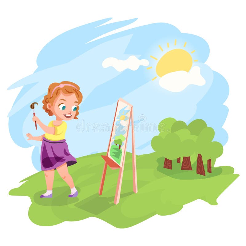 Mädchen, das draußen Illustration malt lizenzfreie abbildung Mädchen, das draußen Illustration malt lizenzfreie abbildung