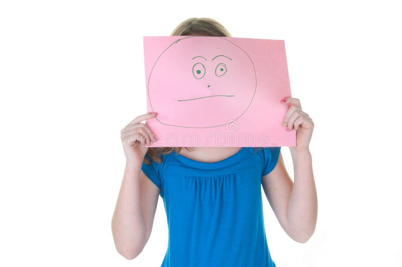 Mädchen, das hinter gefälschtem Gesicht - emotionale Serie sich versteckt stockbilder Mädchen, das hinter gefälschtem Gesicht - emotionale Serie sich versteckt stockbilder