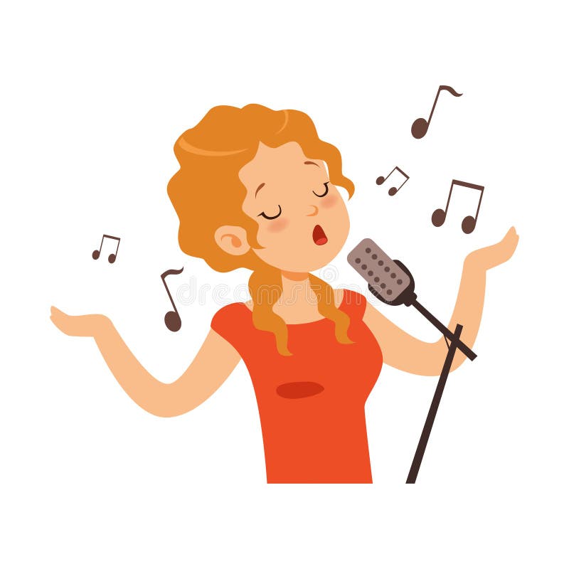 Mädchen, das mit Mikrofon, Sängercharakterkarikatur-Vektor Illustration singt