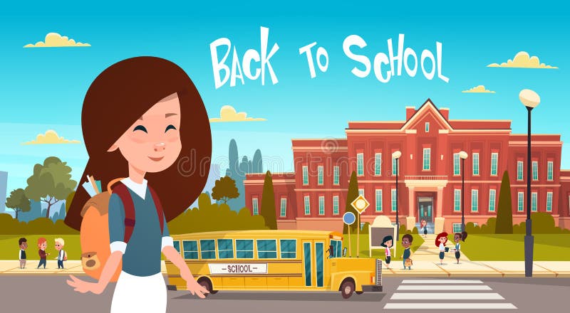 Mädchen, das zurück zur Schule über Gruppe Schülern gehen gelber Bus-von den Primärschulkind-Studenten geht stock abbildung Mädchen, das zurück zur Schule über Gruppe Schülern gehen gelber Bus-von den Primärschulkind-Studenten geht stock abbildung