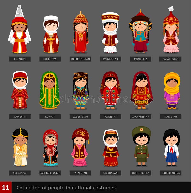 Girls in national costumes. Set of asian women dressed in national clothes. Collection of cute cartoon characters. People. Vector flat illustration. Girls in national costumes. Set of asian women dressed in national clothes. Collection of cute cartoon characters. People. Vector flat illustration.