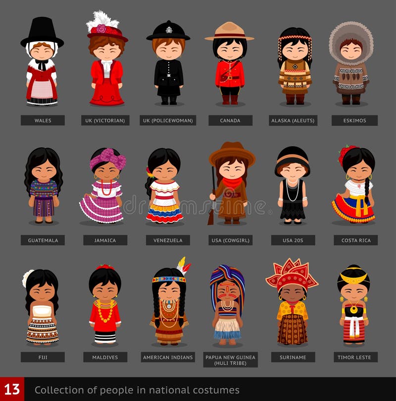 Girls in national costumes. Set of women dressed in traditional clothes. Collection of cute cartoon characters. People. Vector flat illustration. Girls in national costumes. Set of women dressed in traditional clothes. Collection of cute cartoon characters. People. Vector flat illustration.