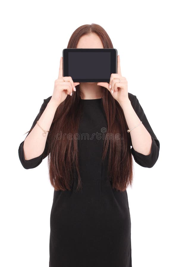 Mädchen hält Tabletten-PC das Gesicht stockfoto Mädchen hält Tabletten-PC das Gesicht stockfoto