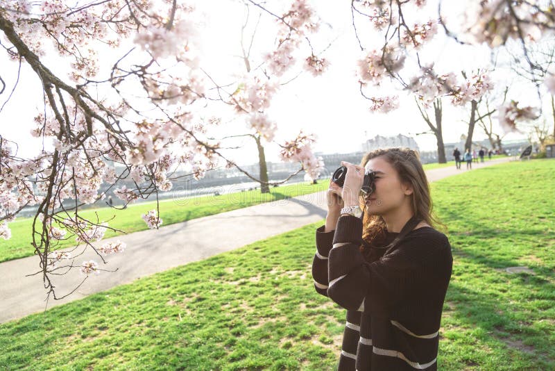 Mädchen macht Foto von blühendem Baum im Park im Freien lizenzfreie stockfotografie Mädchen macht Foto von blühendem Baum im Park im Freien lizenzfreie stockfotografie